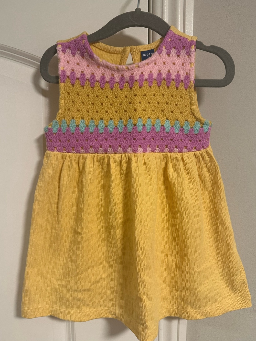 Old Navy Girls Yellow Textured Dress with Pink & Purple Crochet Bodice - 18-24M